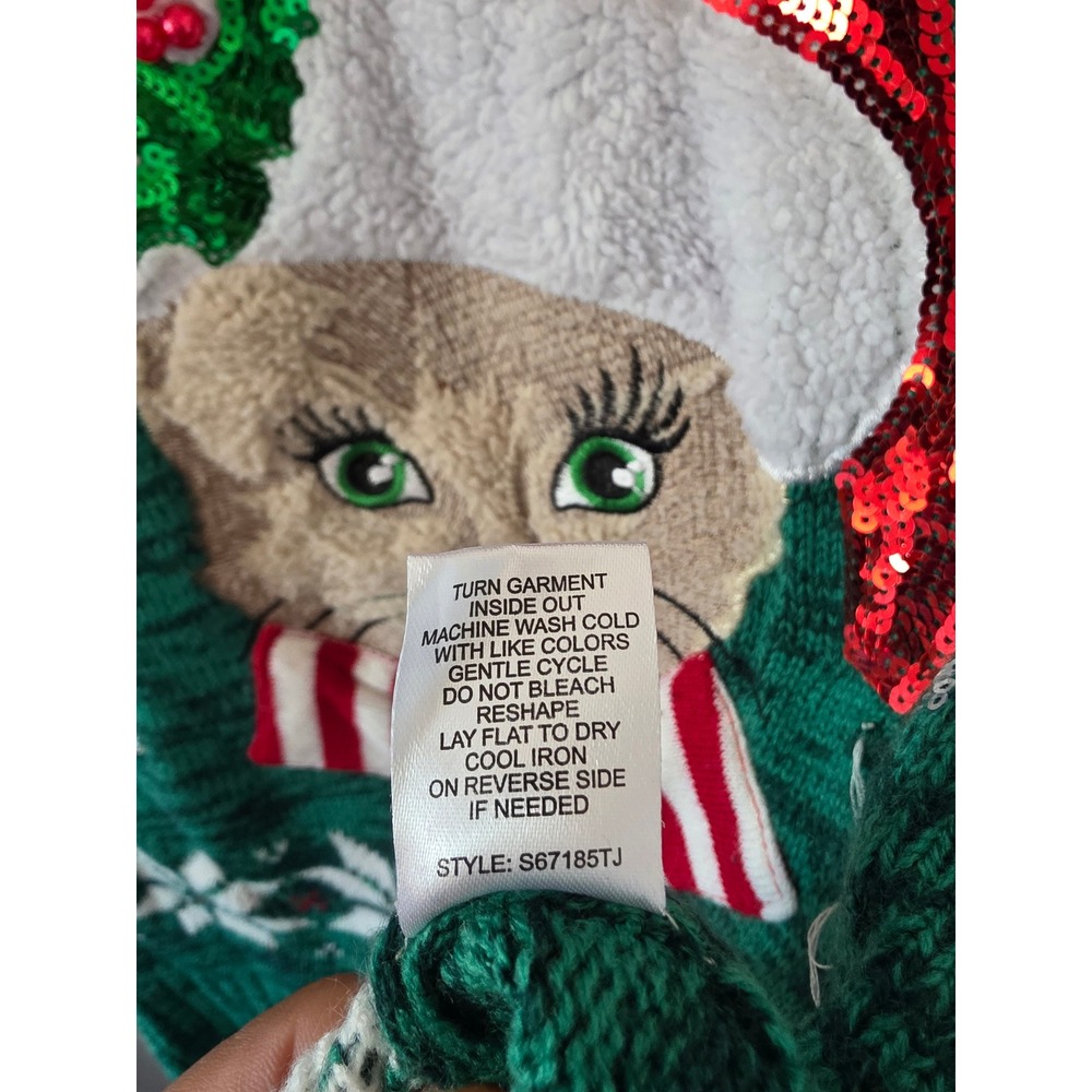 99 Jane Street Meowy Christmas Cat Sweater Green Sequin Jingle Bell Small - Picture 3 of 9